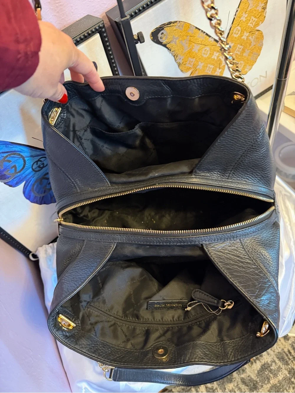 Michael Kors Black Pebbled Leather Shoulder Bag with Gold Chain Straps